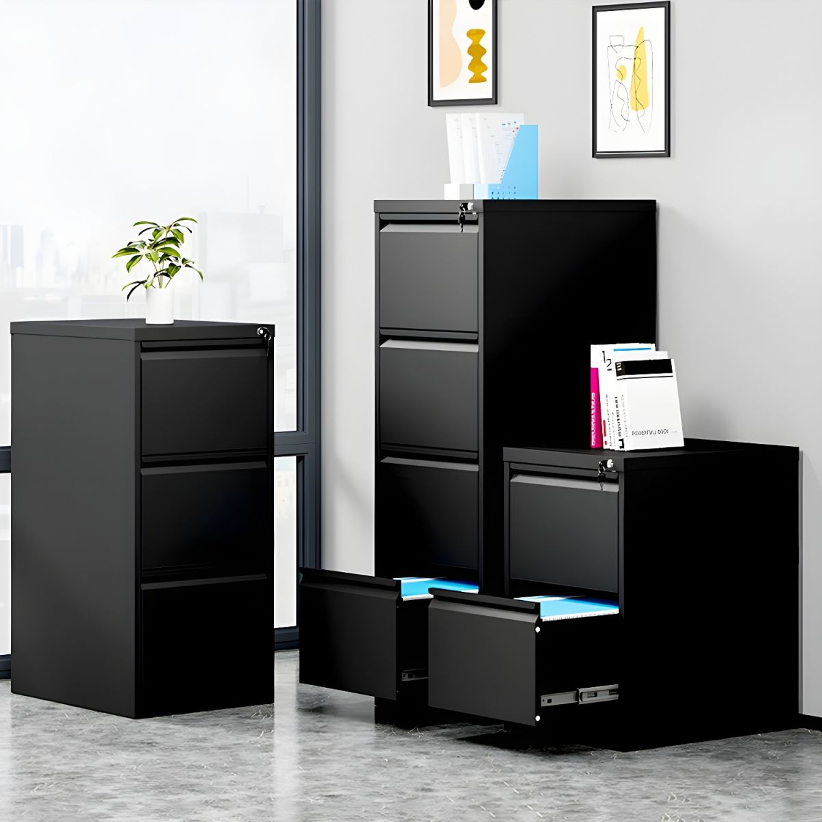 Modern Steel Vertical Filing Cabinet with Lock, Drawers & Self-Close Glides