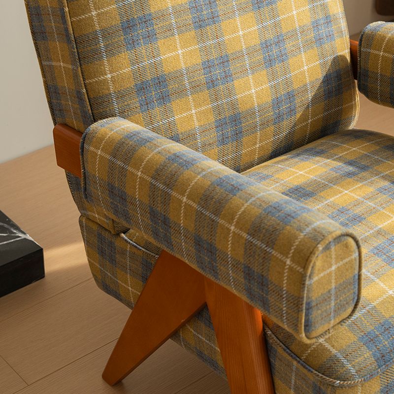 Art Deco Crisscross Arm Chair with Sewn Pillow Back in Yellow/Sky Blue/Light Brown and Arms
