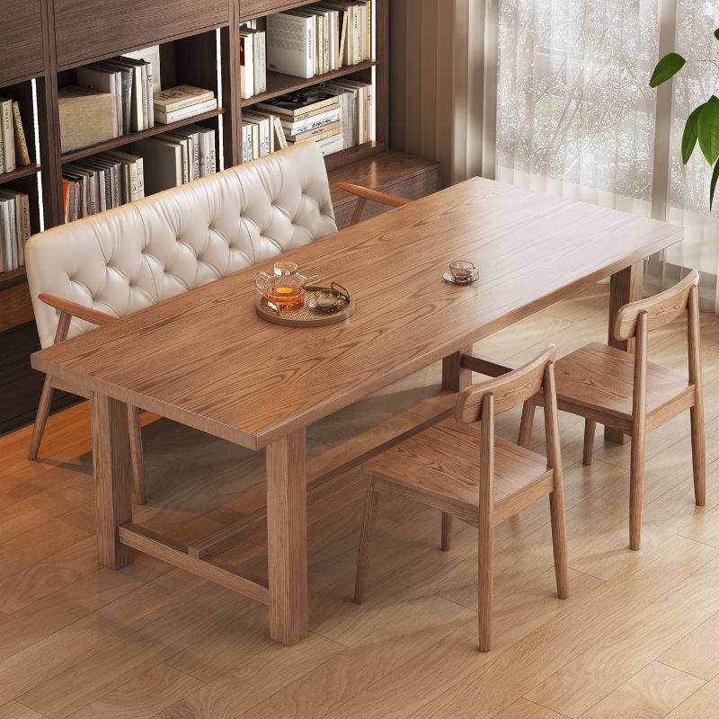 Contemporary Solid Wood Kitchen & Dining Table with Light Brown Trestle Base, Fixed Table, Waterproof for 6-person Seat, Solid Wood Tabletop