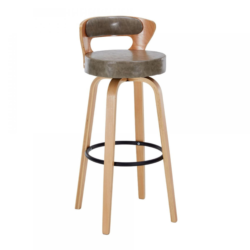 Casual Rawhide Bar Stools in Light Gray/Cream/Amber Color with Back, Turned Swivel, Round Top, and Leg Rest