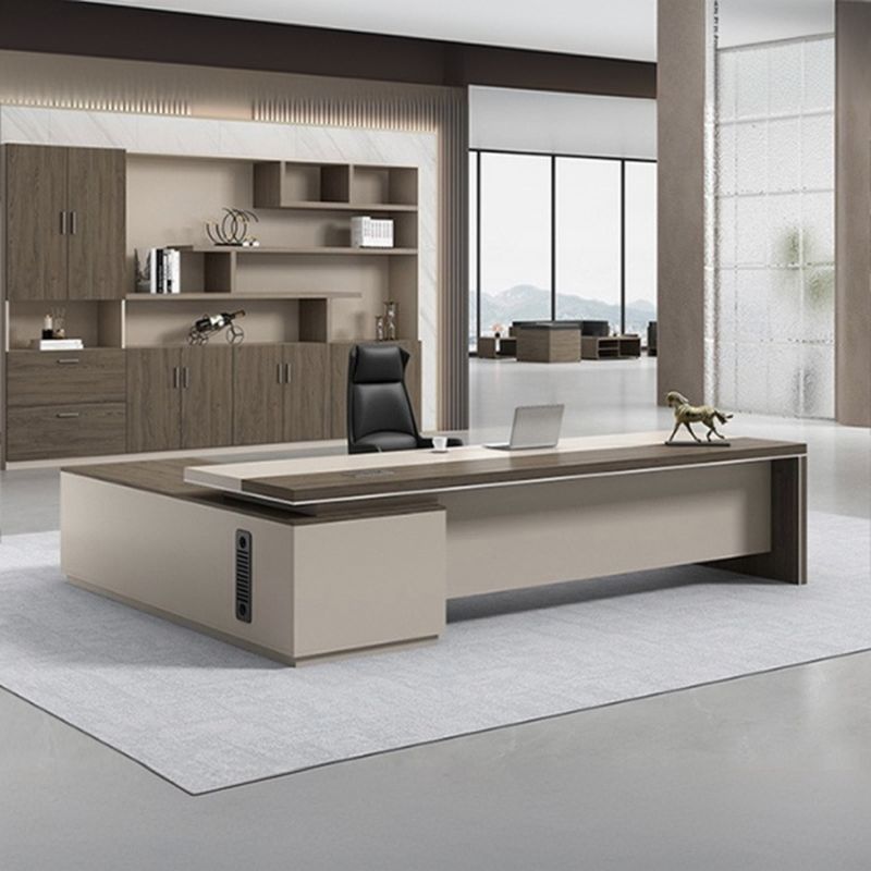 Scratch-proof Office Desk with 2 Drawers, Stump Base, Exterior Shelf, Cable Management, Front Splash, and Cooling Hole