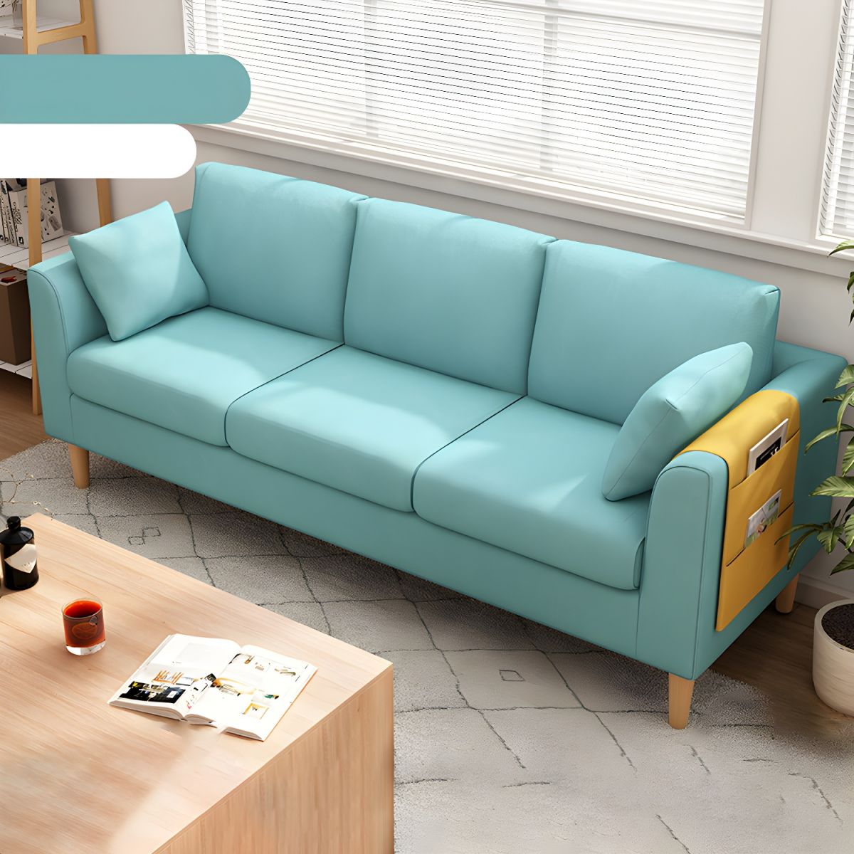 Scandinavian 3 Seater Sofa with Pillows Back and Tuxedo Arm and Solid Wood Legs
