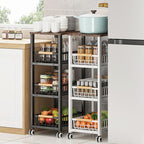 Portable Center with Wheels, Exterior Shelving, Manufactured Wood Countertop, Open Storage, Basket, and Brown Top