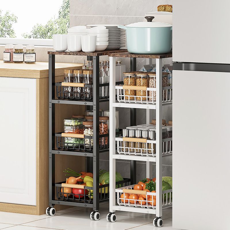 Portable Center with Wheels, Exterior Shelving, Manufactured Wood Countertop, Open Storage, Basket, and Brown Top