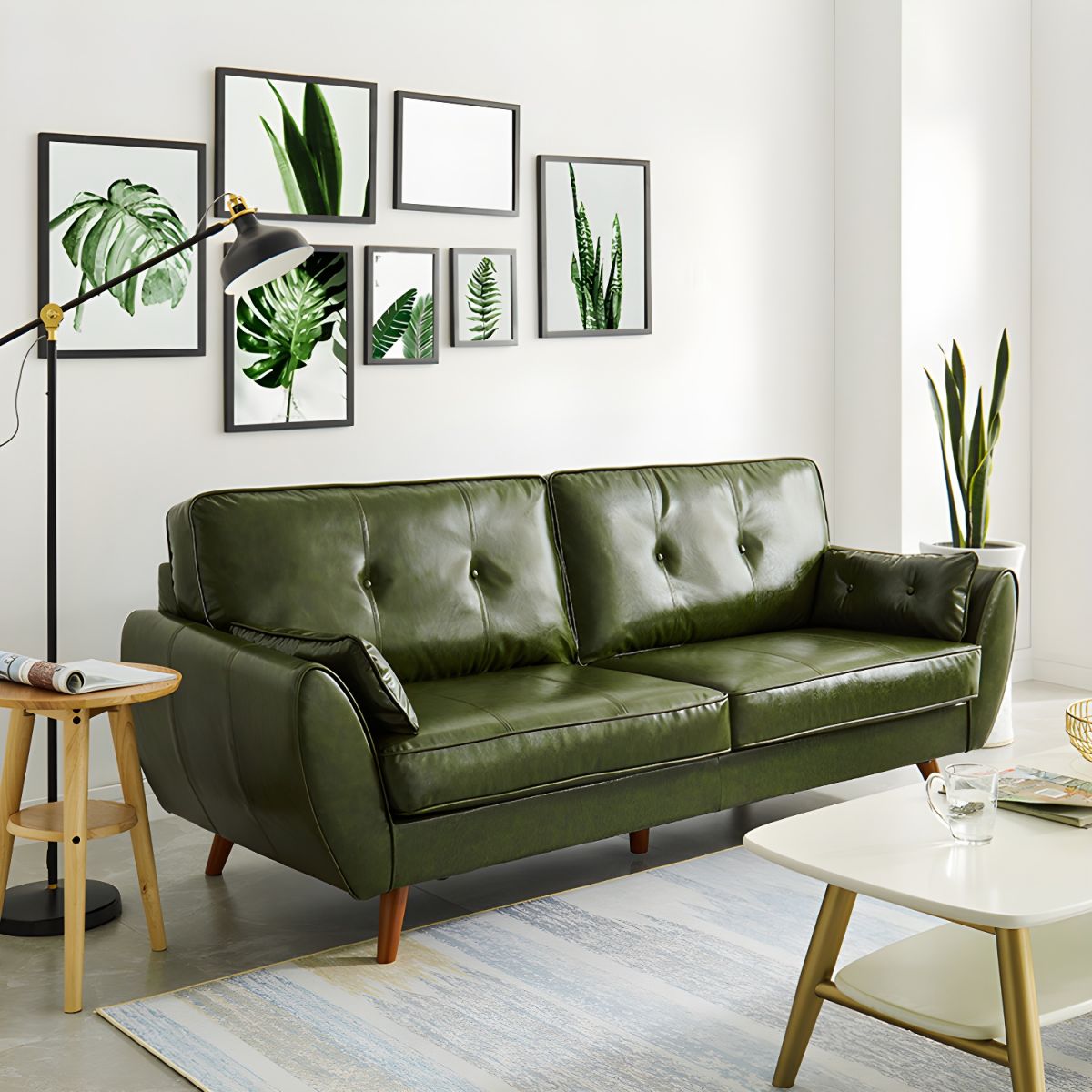 Modern Leather Sofa Flared Arm Button-tufted Loose Back Sofa for Living Room Bedroom