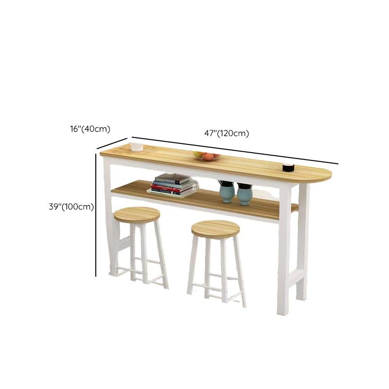 Modern Pub Table with Laminate Top and Four Legs in Wood Grain, Featuring Container Storage and Irregular Shape