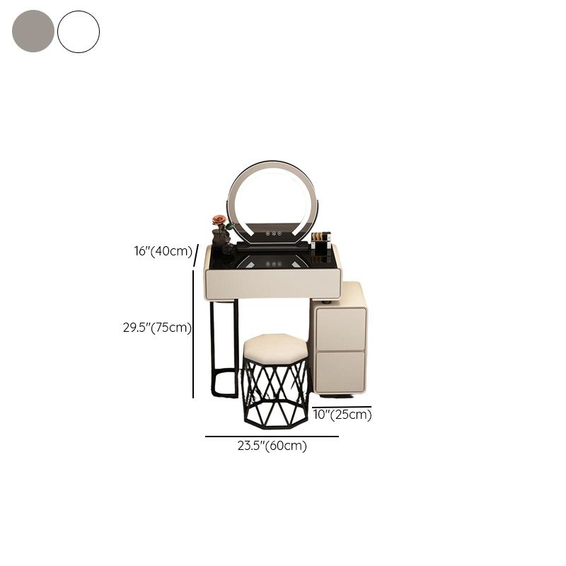 Modish Small Vanity Set/Makeup Vanity in Light Gray/White with 3 Drawers, Alloy Frame, Light Up Mirror, and Chair