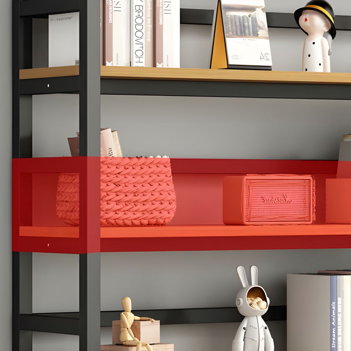 Contemporary Metal Display Stand with Wooden Shelves and Open Storage