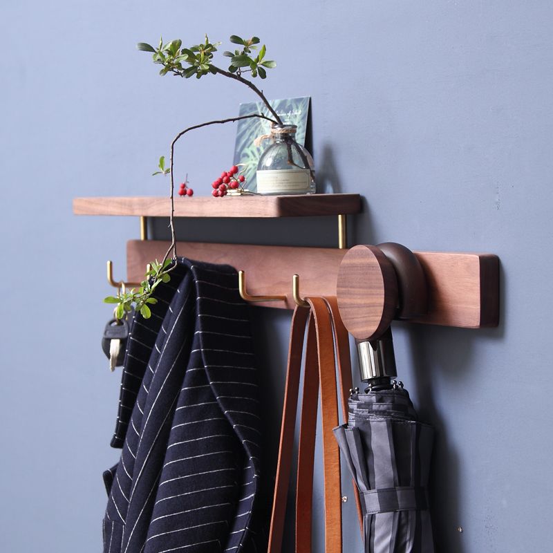 Modern Simple Style Floating Mount Brown Wood Coat Rack for Home