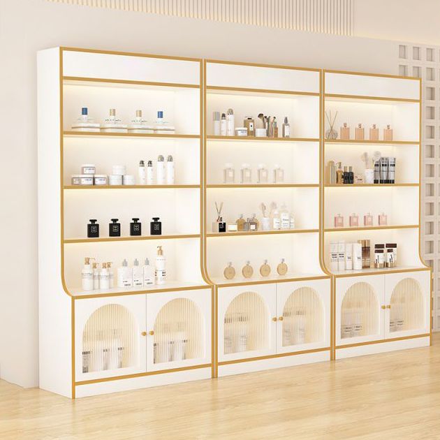 Fitted Detached Ground Display Stand in Wood with 5 Shelves, Locker and Open-air Storage in a Trendy Style