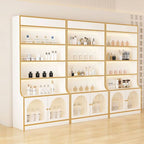Fitted Detached Ground Display Stand in Wood with 5 Shelves, Locker and Open-air Storage in a Trendy Style