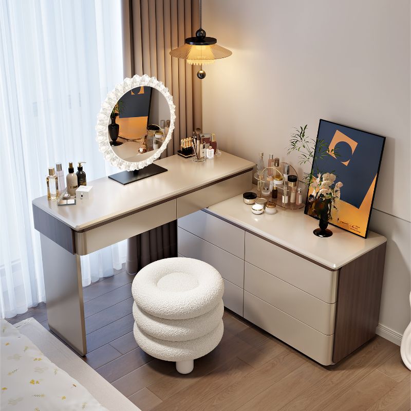 Modish Large Makeup Vanity with Natural Wood Table Top and 8/5 Drawers
