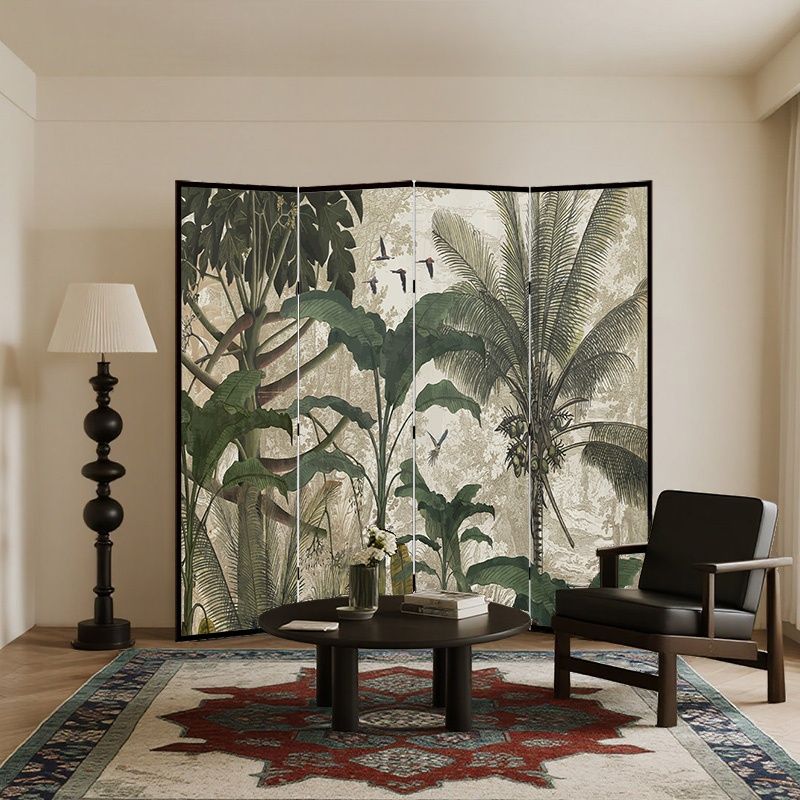 Screen Divider Minimalist Opaque Fold-up with Natural Wood Frame, 4 Panels, Double Sided Print, and Independent Design