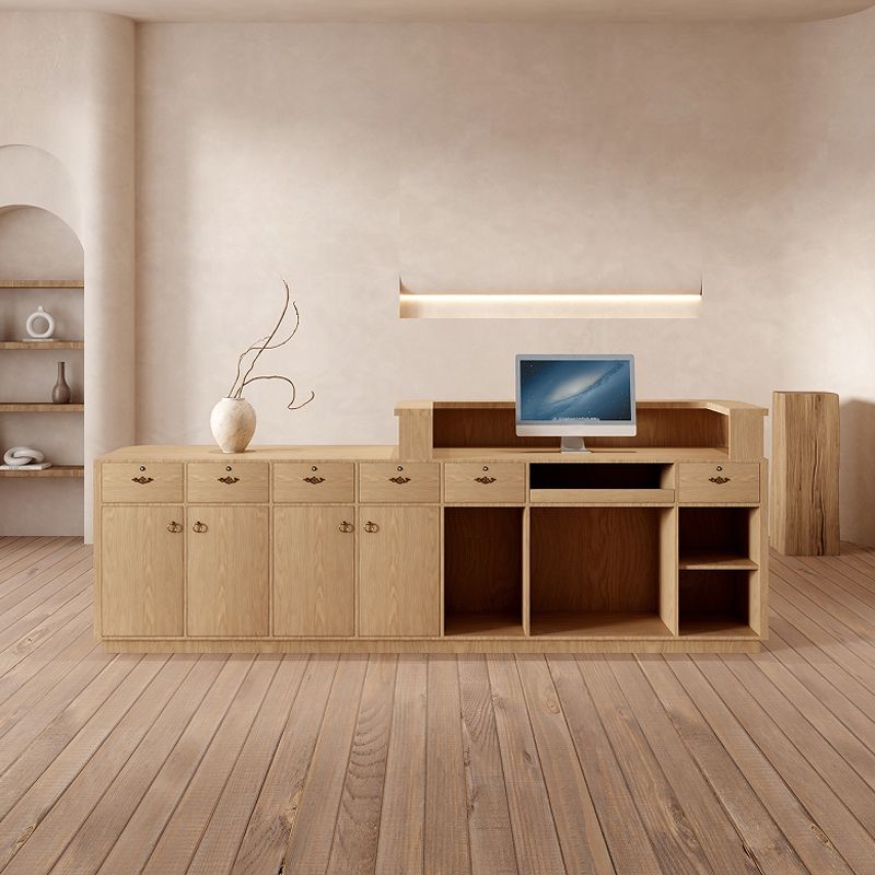 Rectangular Reception Desk with Locker, Hutch, Keyboard Tray, Brown/Unfinished Color Top, Filing Cabinet, Manufactured Wood Top