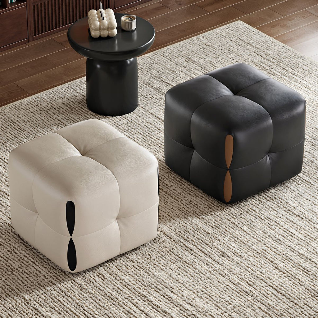 Modish Rectangle/Square Solid Color Standard Ottoman in Genuine Leather with Grey/Chalk/Caramel Upholstery and Button-tufted Finish