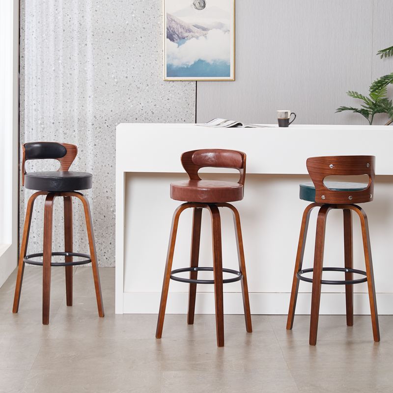 Casual Rawhide Bar Stools in Midnight Black/Scarlet/Navy Blue with Back, Turned Swivel, Round Top, and Leg Rest