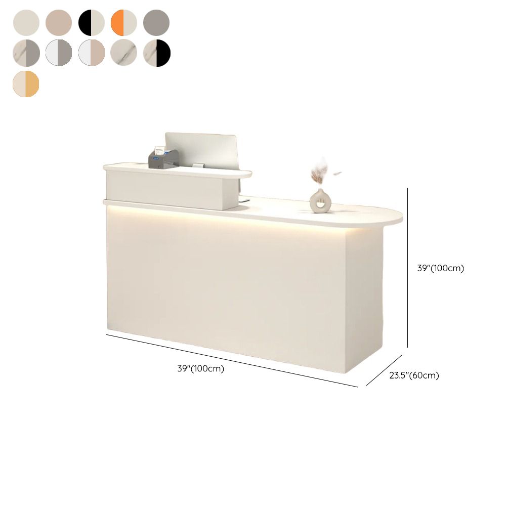 Rectangle Manufactured Wood Reception Desk with Stone Top, Locker, Keyboard Tray, and Filing Cabinet