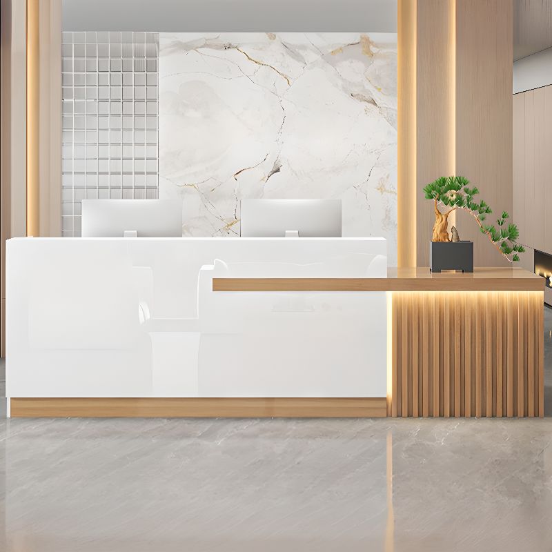 Reception Desk with 1 Cabinet, Hutch, Keyboard Tray, Cable Management, Filing Cabinet, Manufactured Wood Top, and 1 Drawer Pedestal
