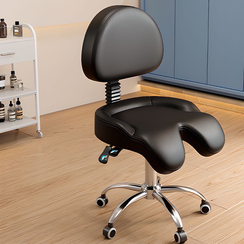 Adaptable Height Rotatable Metal Task Stool with Wheels and Upholstered Adjustable Backrest