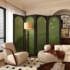 Sage Opaque Fold-up Screen Divider with Natural Wood Frame, 4 Panels, Double Sided Print, and Independent Design