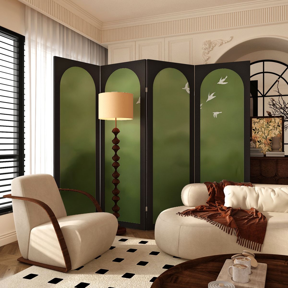 Sage Opaque Fold-up Screen Divider with Natural Wood Frame, 4 Panels, Double Sided Print, and Independent Design