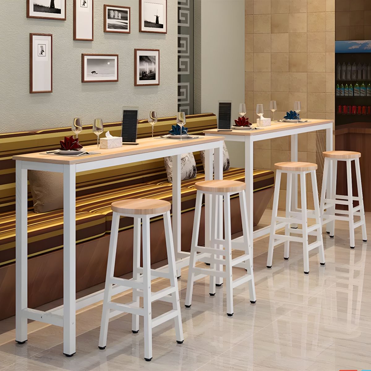 Rectangle Bar Table Set 1/4 Pieces Natural Colour Wood Counter Table