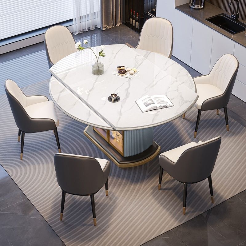 Chalk Gloss Finish Plinth Stone Kitchen & Dining Table for 6-seater/4-person Seat with Anti-Fouling Sintered Stone Tabletop
