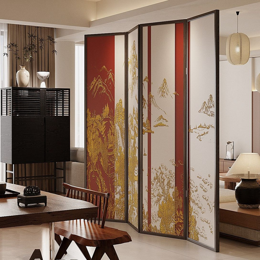 Tan Opaque Fold-up Screen Divider with 4 Panels, Double Sided Print, and Independent Design