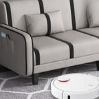 Striped Convertible Sofa in Pu Leather/Flannel with Cerulean/Light Brown/Off-White Upholstery and Armrest