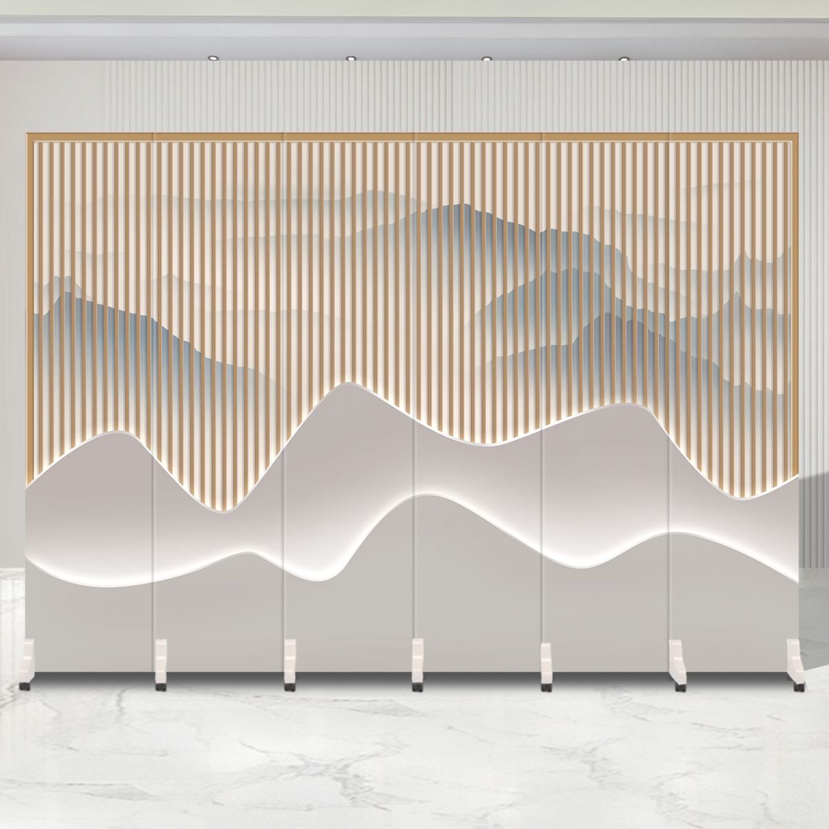 Indoor Opaque Folding Natural Wood Temporary Wall Panels with 6 Panels, Double Sided Print, and Self-supporting Design