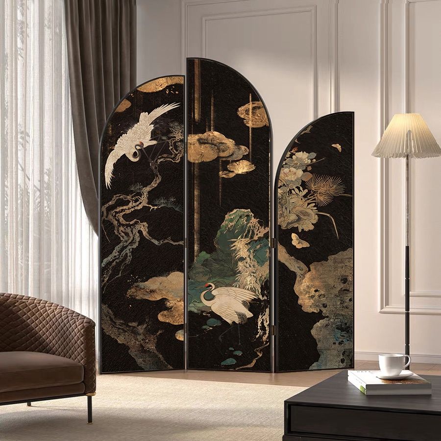 Minimalist Opaque Natural Wood Fold-up Screen Divider with 3 Panels, Double Sided Print, and Independent Design