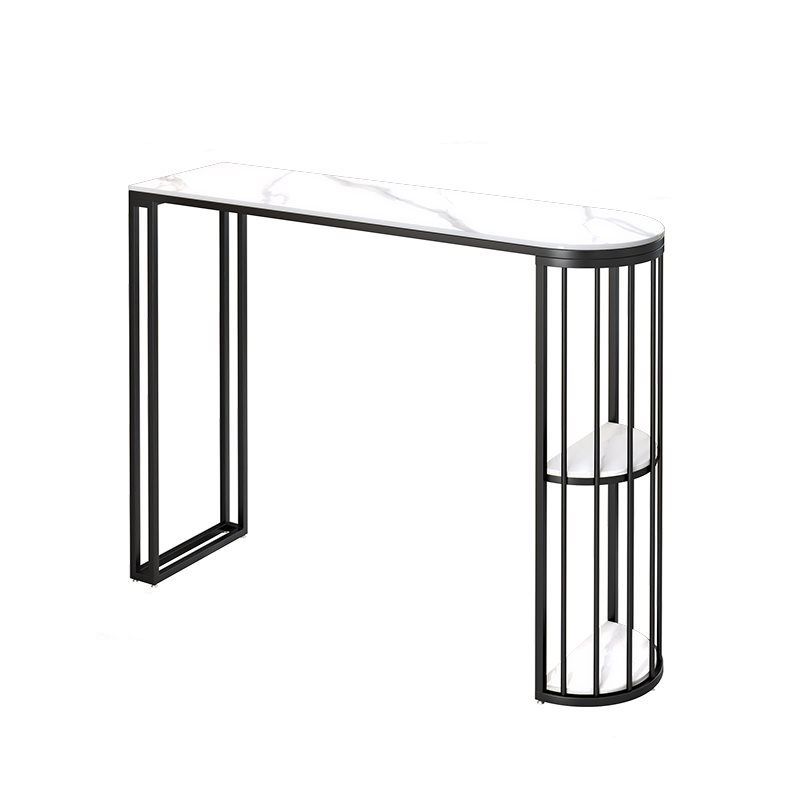 Simplistic Pub Table with Slate Top and Two-sided Pedestal Base in White with Container Storage and Asymmetrical Shape