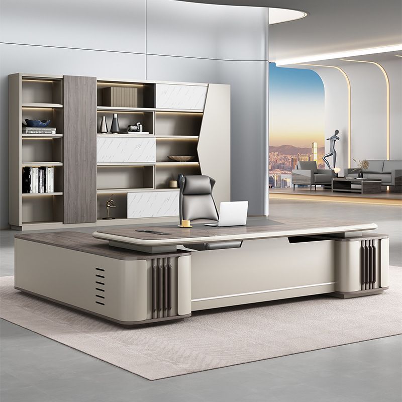 Moisture Resistant Executive Desk with Cabinet, Front Splash, Cooling Hole, 4 Drawers/2 Drawers, 1 Exterior Shelf, Cable Management & Twin Pedestal/Pedestal