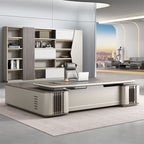 Moisture Resistant Executive Desk with Cabinet, Front Splash, Cooling Hole, 4 Drawers/2 Drawers, 1 Exterior Shelf, Cable Management & Twin Pedestal/Pedestal