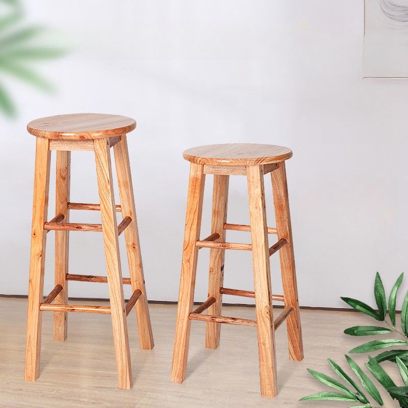 Casual Natural Color Rubberwood Bar Stools with Round Top and Leg Rest