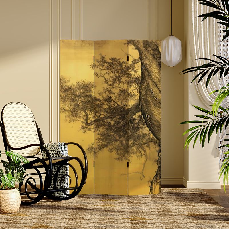 Lemon Color Opaque Fold-up Screen Divider with Natural Wood Frame, 3/4 Panels, Double Sided Print, and Independent Design