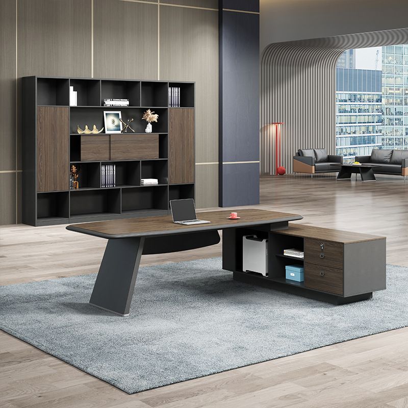 Office Desk with 2 Drawers, Cabinet, Stump Base, Exterior Shelf, Cable Management, Front Splash, and Cooling Hole