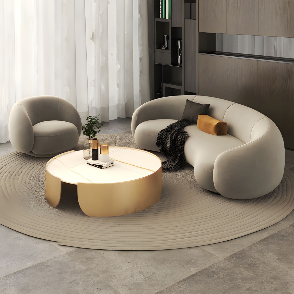 Contemporary Tight Back Settee Bench Curved Settee Couch in Grey/white