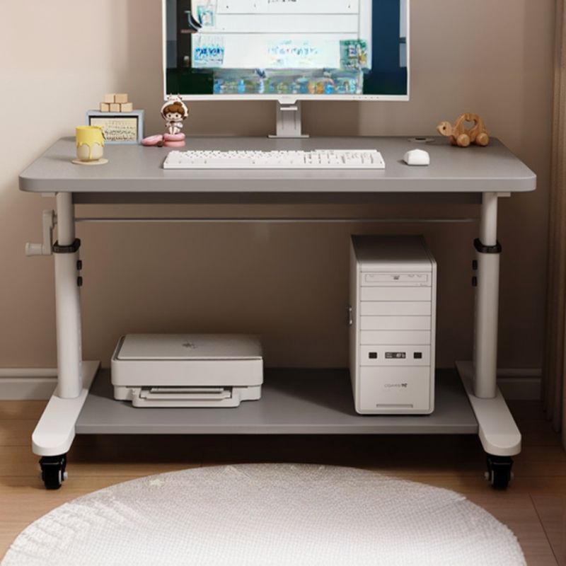 T-Shape Base Unattached Crack Resistant Manually Controlled Dove Grey/Chalk/Brown Office Computer Desk with 1 Exterior Shelf, Wheels / Casters and Lockable Brakes