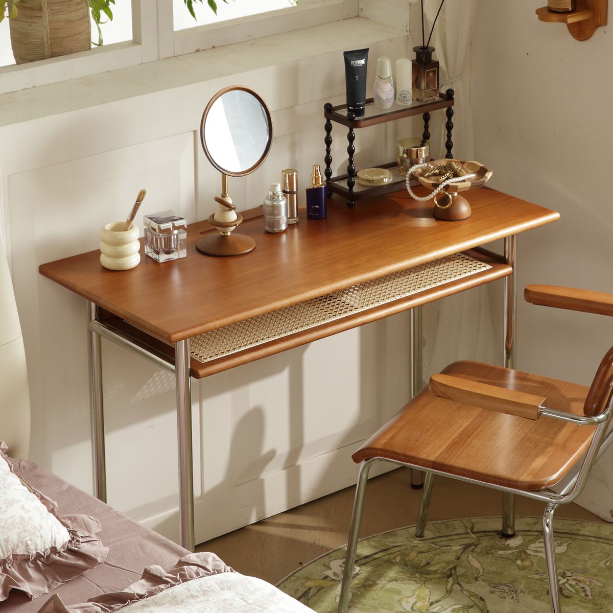 Writing Desk with Storage and Twist-resistant H-Shape Base, Sepia Top with Exterior Shelf and Foot Pad, Unattached