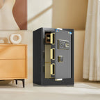 Steel Security Safe with Battery, Tamper Resistant, Keys, Interior Light, Interior Lining, and Shelves