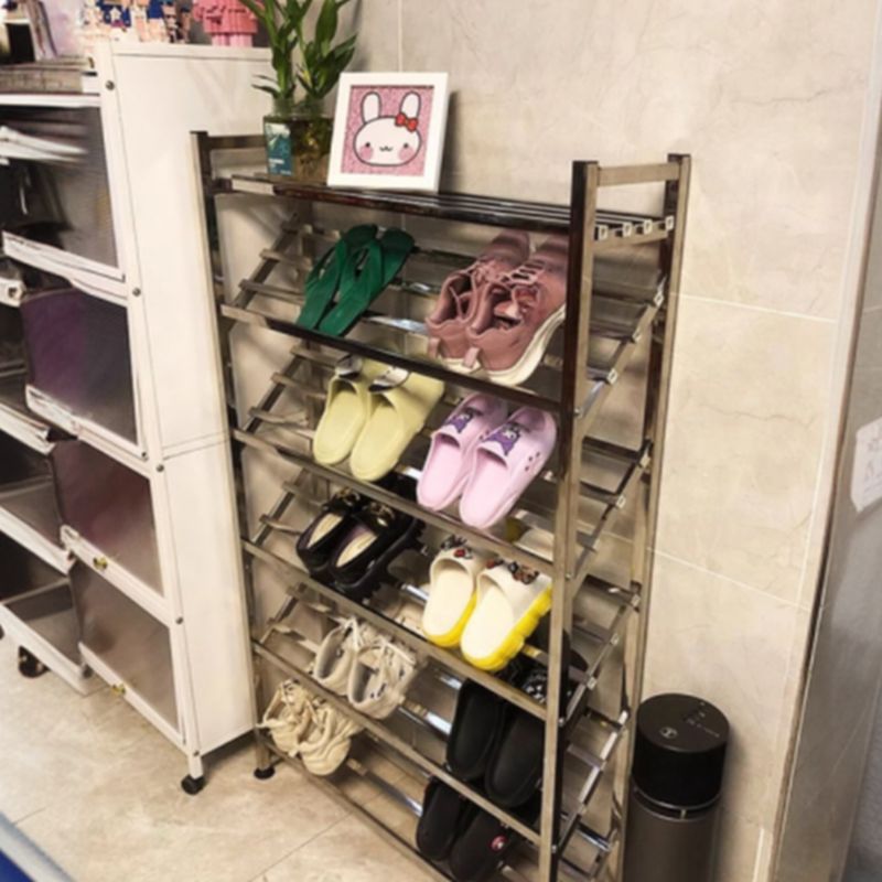 Modern Stainless Alloy Rectangle Silver Shoe Rack with 8 Shelves for 21-30 Pairs in Living Room