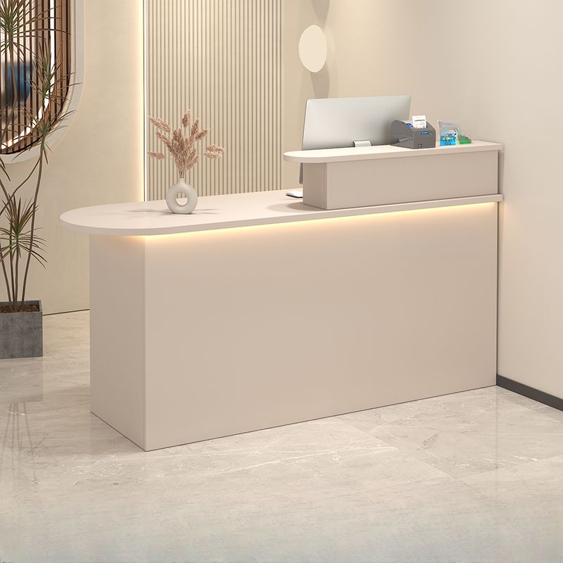 Rectangle Manufactured Wood Reception Desk with Stone Top, Locker, Keyboard Tray, and Filing Cabinet