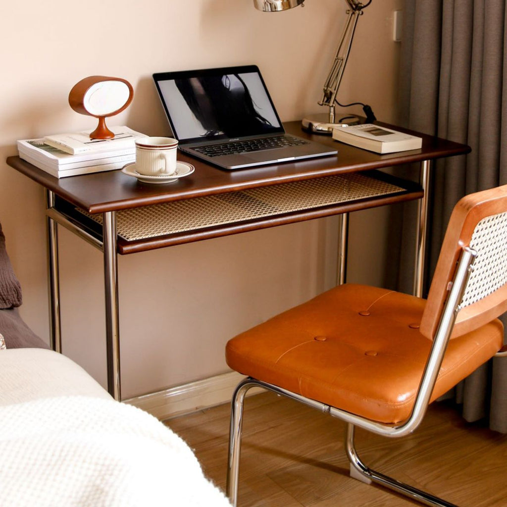 Writing Desk with Storage and Twist-resistant H-Shape Base, Sepia Top with Exterior Shelf and Foot Pad, Unattached