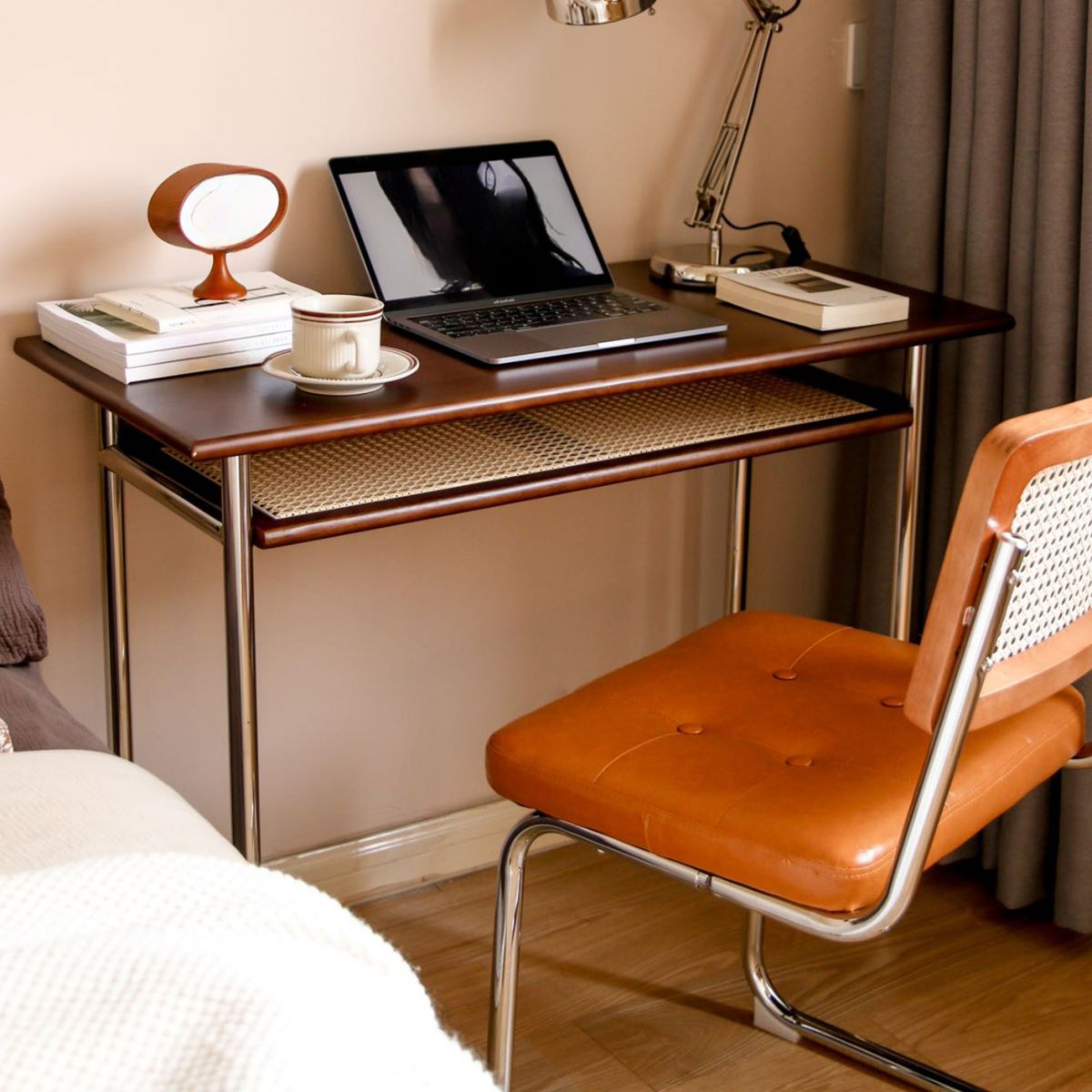 Writing Desk with Storage and Twist-resistant H-Shape Base, Sepia Top with Exterior Shelf and Foot Pad, Unattached