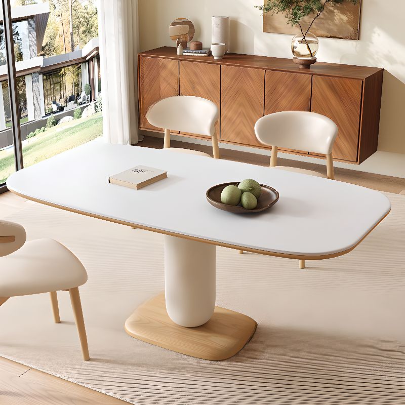 Stone Dining Table with Natural Color Plinth Base for 4 to 6-Person Seating, Featuring Anti-Fouling Sintered Stone Tabletop