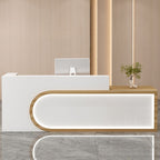 Rectangular Beige/Orange/Pink Manufactured Wood Top Reception Desk with Hutch, Keyboard Tray and Cable Management
