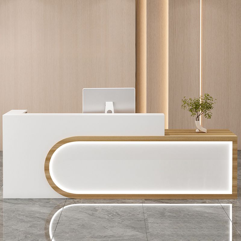 Rectangular Beige/Orange/Pink Manufactured Wood Top Reception Desk with Hutch, Keyboard Tray and Cable Management