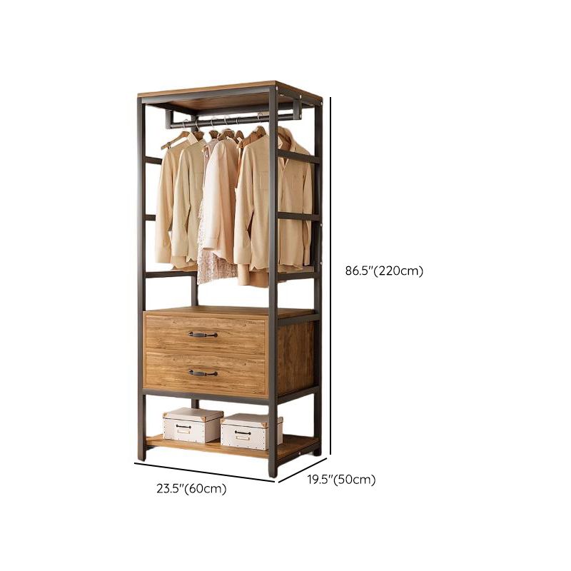 Midnight Black Simplistic Steel Hall Rack with Repository, 2 Drawers/3 Drawers, 4 Shelves/3 Shelves/7 Shelves, and Manufactured Wood Bench