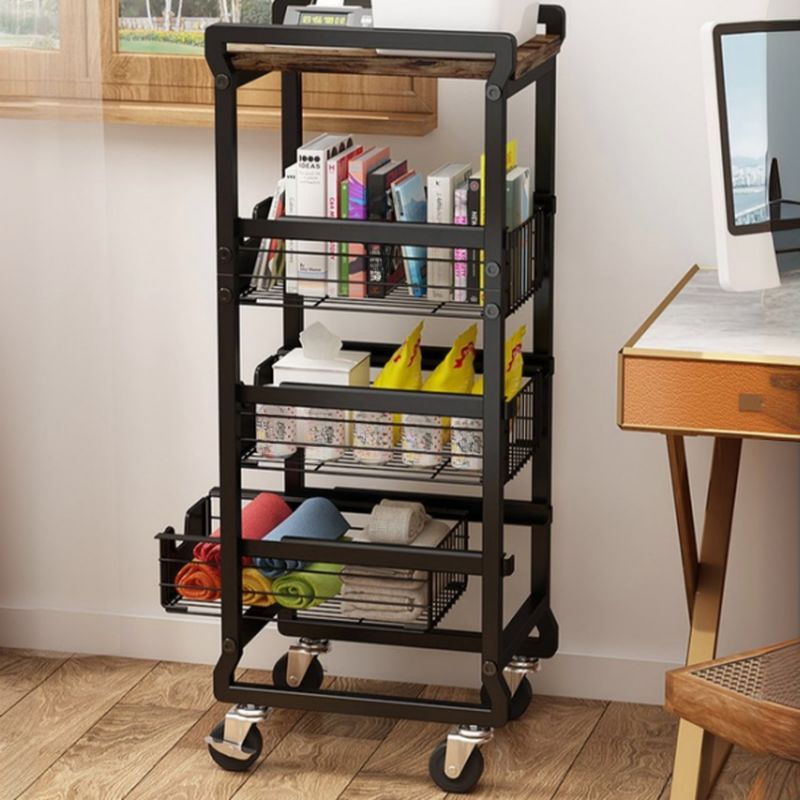 Portable Center with Wheels, Exterior Shelving, Manufactured Wood Countertop, Open Storage, Basket, 4/2 Baskets, Brown/Natural Top